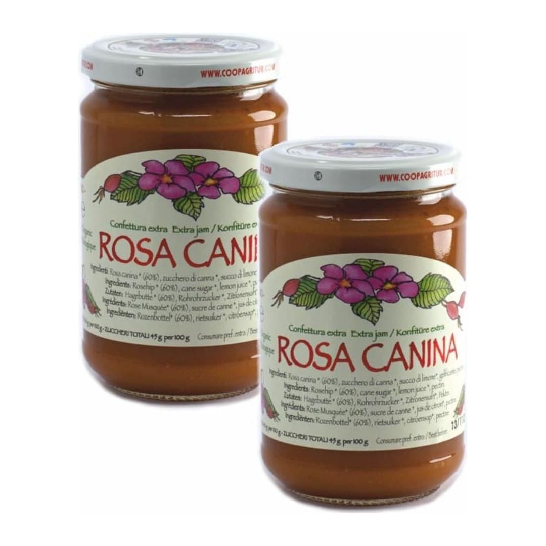 Confettura extra biologica Agritur rosa canina 60% in vasetto da 330g con etichetta sostenibile in carta